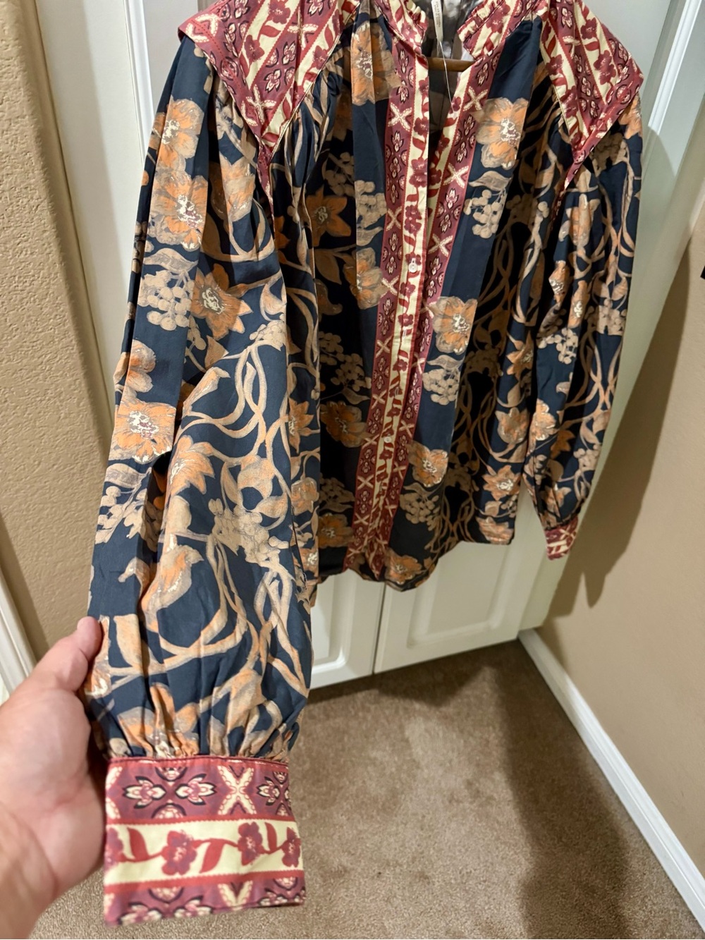 Free People Black Floral Puff-Sleeve Blouse with Rust Trim - Picture 3 of 5